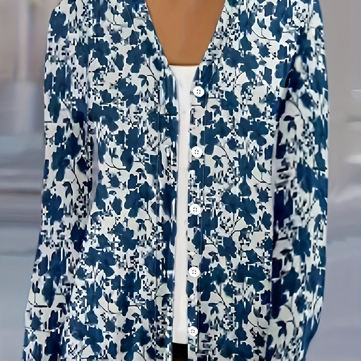  Floral Print Button Up V Neck Blouse