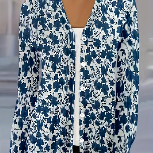  Floral Print Button Up V Neck Blouse
