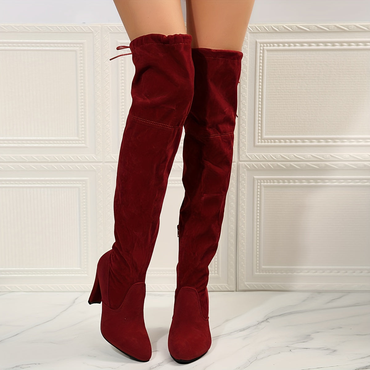 Women's Block Heel Over-The-Knee Boots Lace-Up Pointed Toe Solid