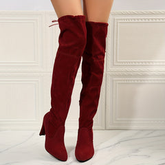 Women's Block Heel Over-The-Knee Boots Lace-Up Pointed Toe Solid