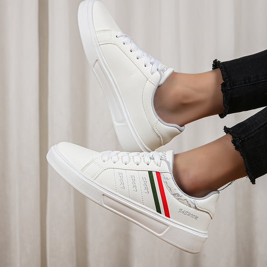 Faux Leather Stripes Pattern Skate Shoes Wear Resistance Non Slip Flat Sneakers