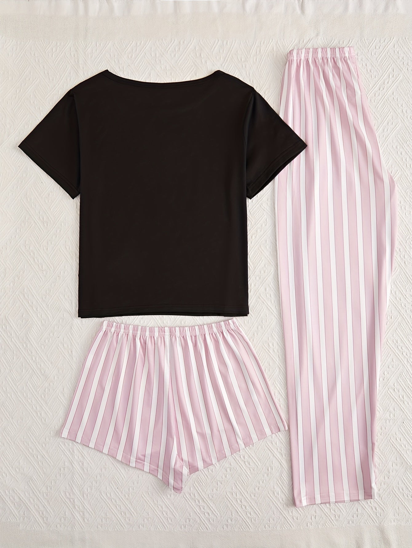 Letter Print Pajamas Set Short Sleeve Top & Striped Shorts & Pants