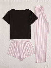 Letter Print Pajamas Set Short Sleeve Top & Striped Shorts & Pants