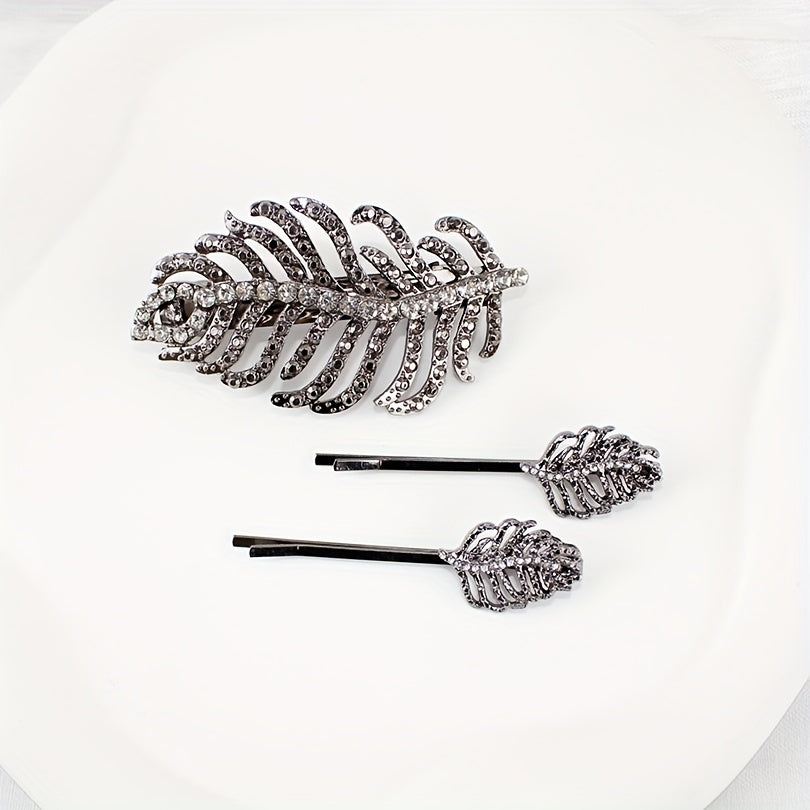 Leaf Rhinestone Hairpin Metal Hair Clip for Women Girls