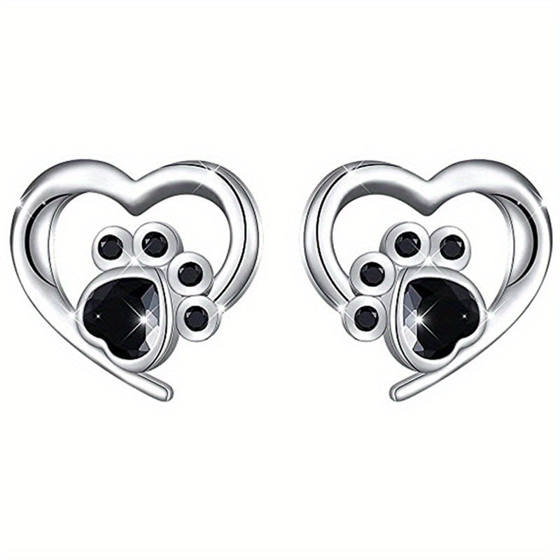 Cat Dog Footprint Heart Stud Earrings Silver Plated Daily Wear Gift