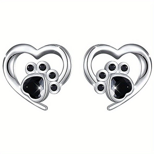 Cat Dog Footprint Heart Stud Earrings Silver Plated Daily Wear Gift