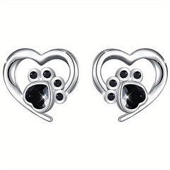 Cat Dog Footprint Heart Stud Earrings Silver Plated Daily Wear Gift