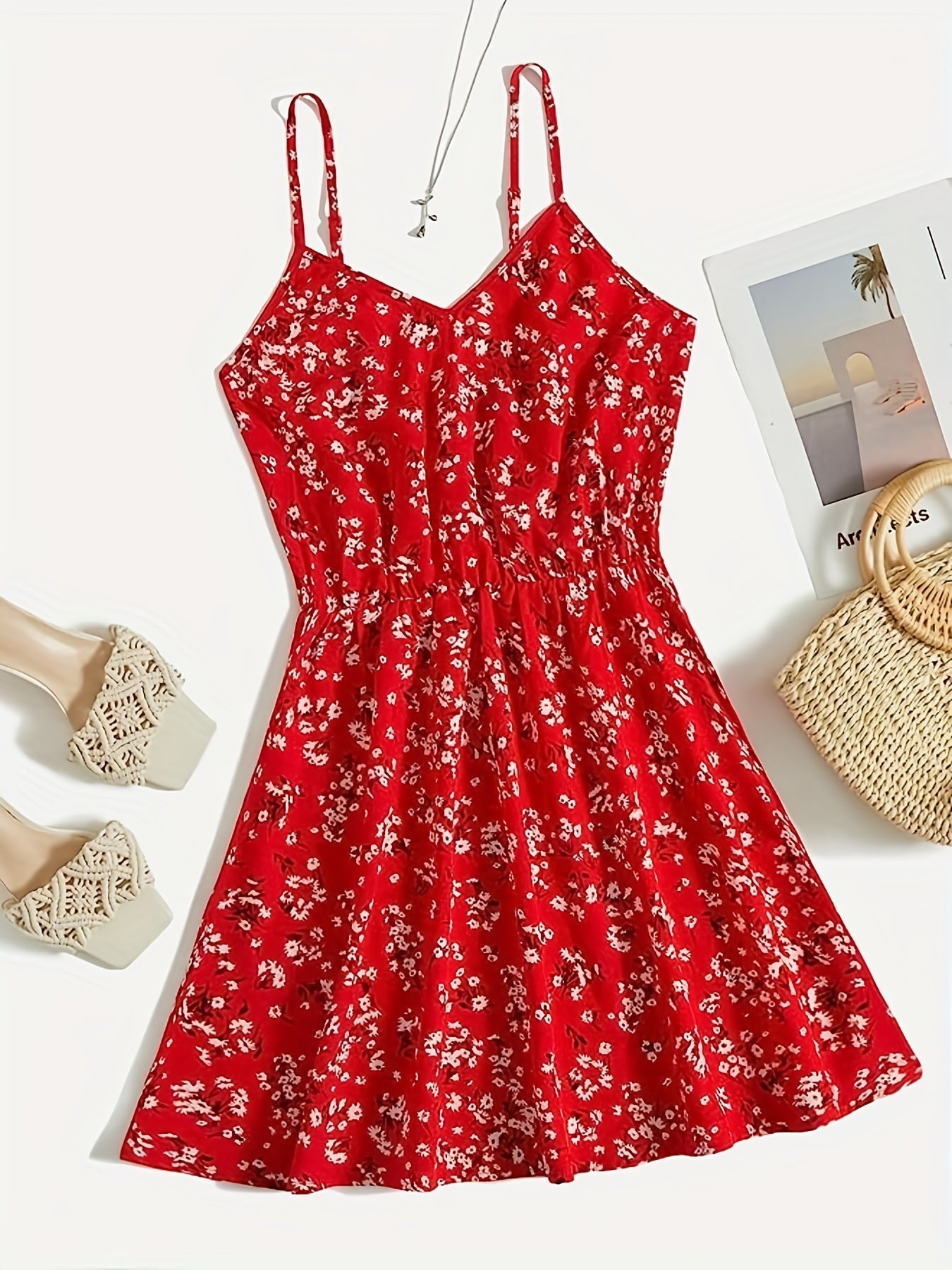 Floral Print Vacation Dress Spaghetti Strap Cinched Waist