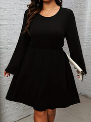  Dress Women's Solid Bell Sleeve Round Neck Frill Trim Dress