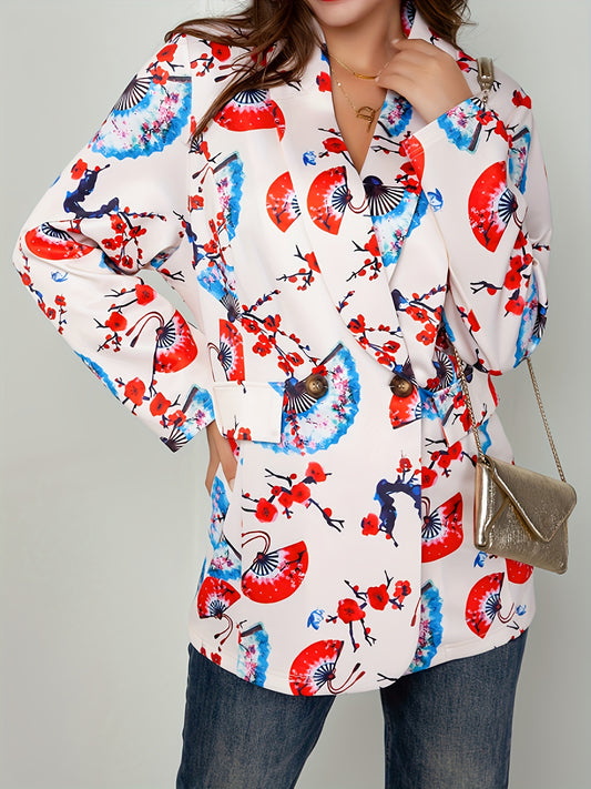  Plum Flower & Fan Print Loose Fit Blazer
