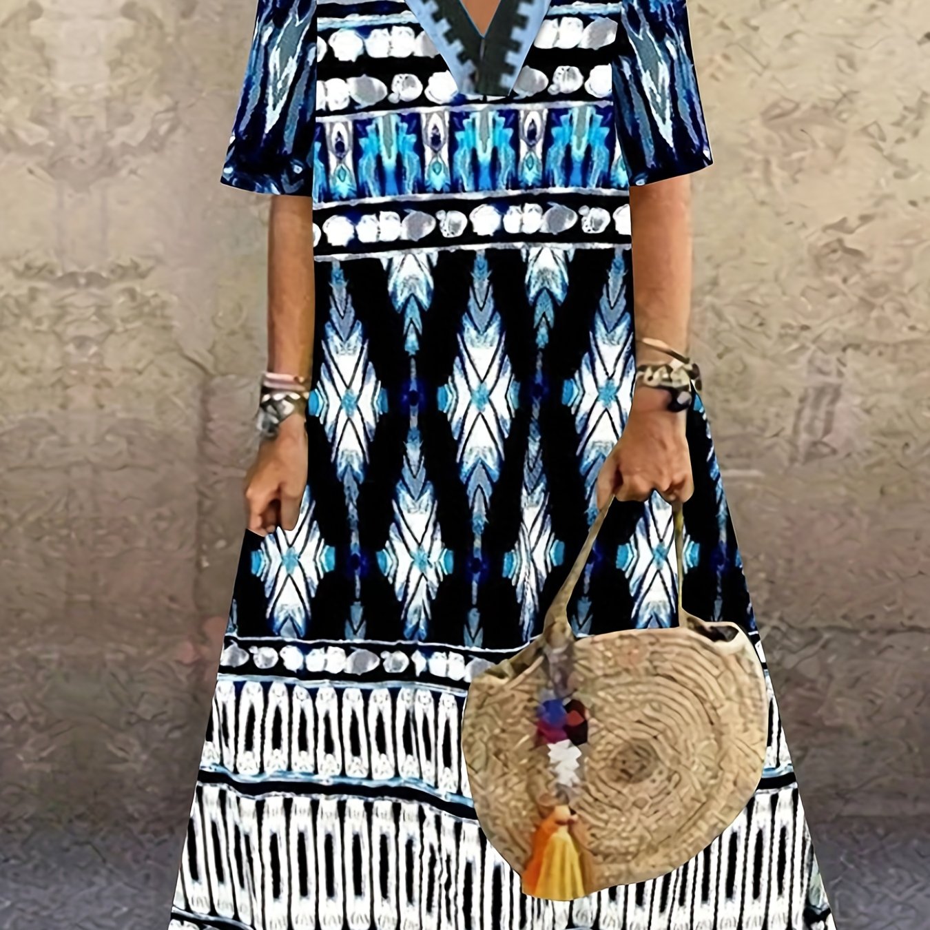 Plus Tribal Print V Neck Maxi Dress