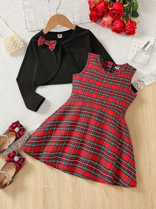 2pcs Girls Plaid Tunic Dress Bow Shawl Cover Up Tops