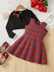 2pcs Girls Plaid Tunic Dress Bow Shawl Cover Up Tops