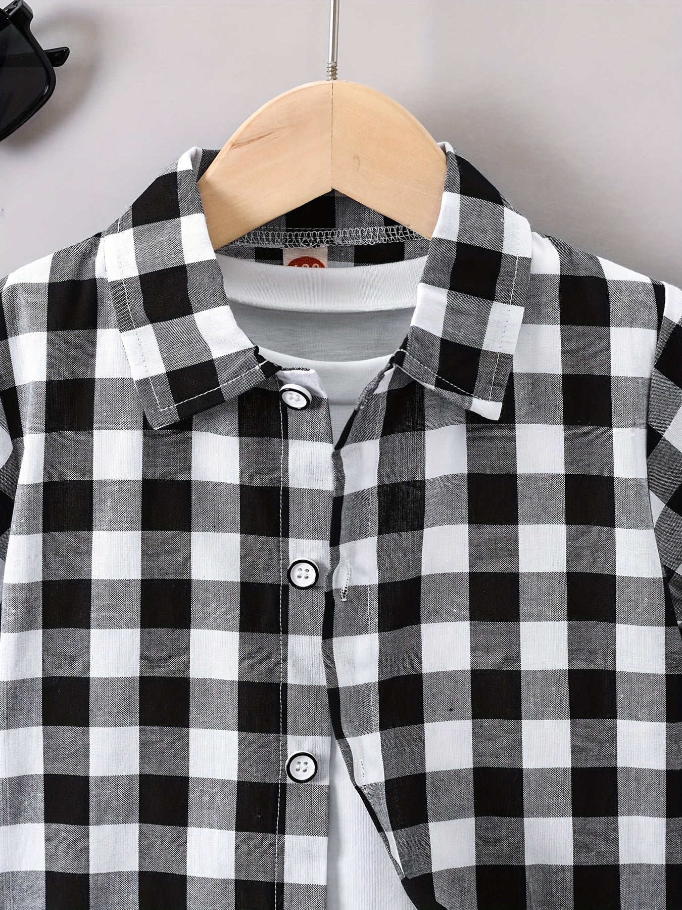 Boys Black Plaid Print Shirt Lightweight Short Sleeve Top