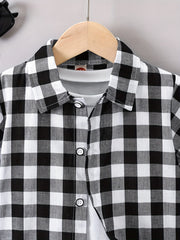 Boys Black Plaid Print Shirt Lightweight Short Sleeve Top