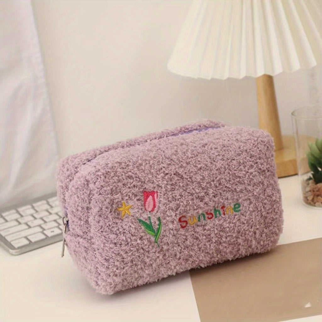 Embroidered Makeup Bag Plush Zip Toiletry Travel Organizer Gift