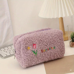 Embroidered Makeup Bag Plush Zip Toiletry Travel Organizer Gift