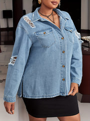  Casual Denim Top Women's Plus Solid Button Up Long Sleeve