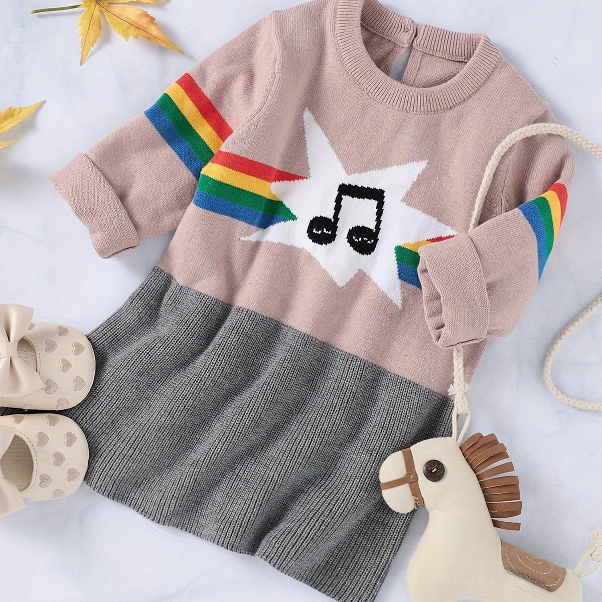 Baby Casual Dress Girls Sweater Long Sleeve Music Note Striped Dress