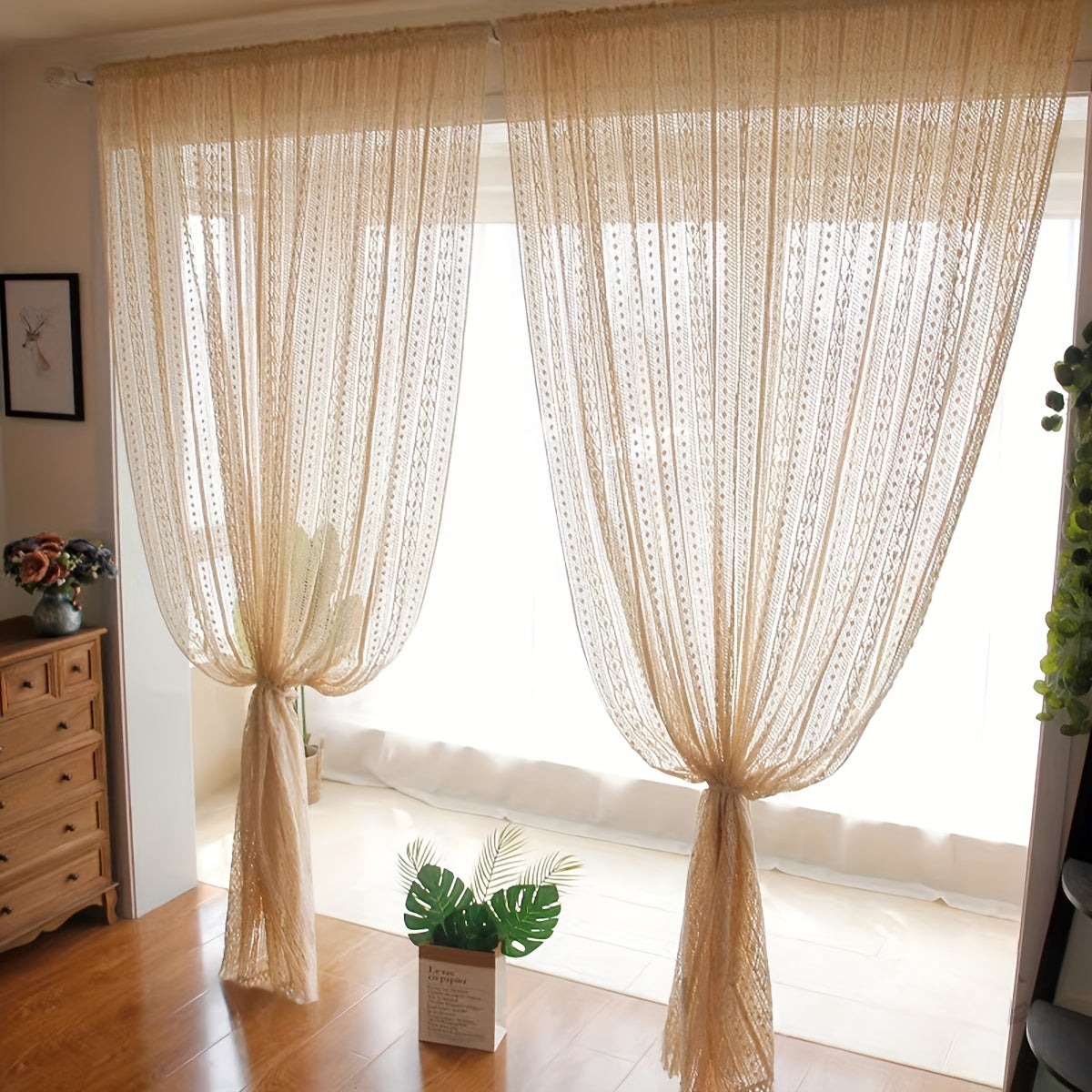 Japanese Style Hollow Striped Sheer Curtain Crochet Style Argyle Pattern