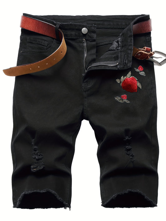 Floral Embroidery Denim Shorts Men's Casual Street Style