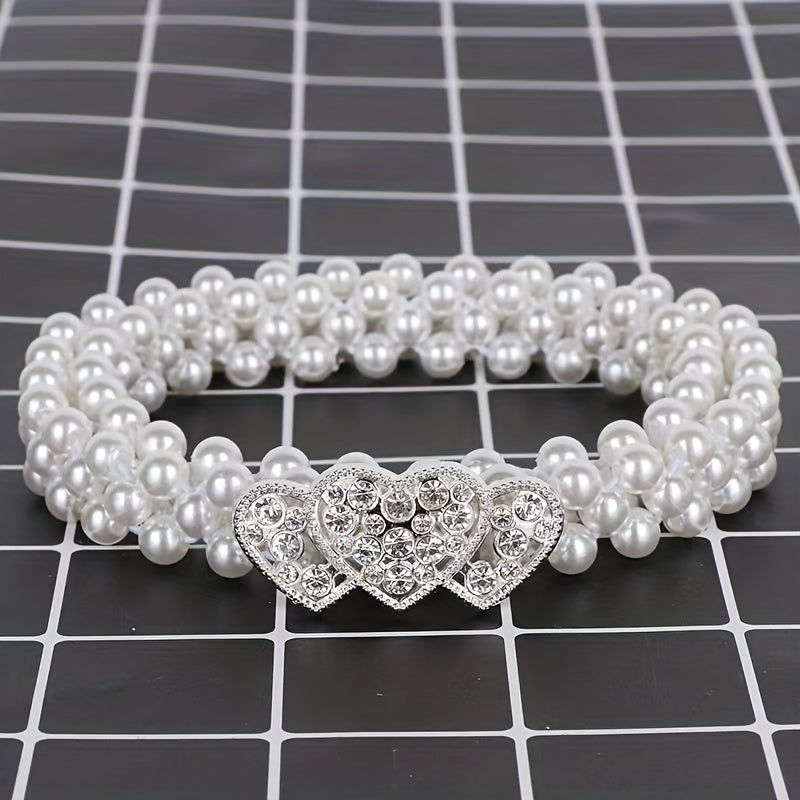 Heart Buckle Pearl Belt Rhinestone Decor Waistband Dress Girdle