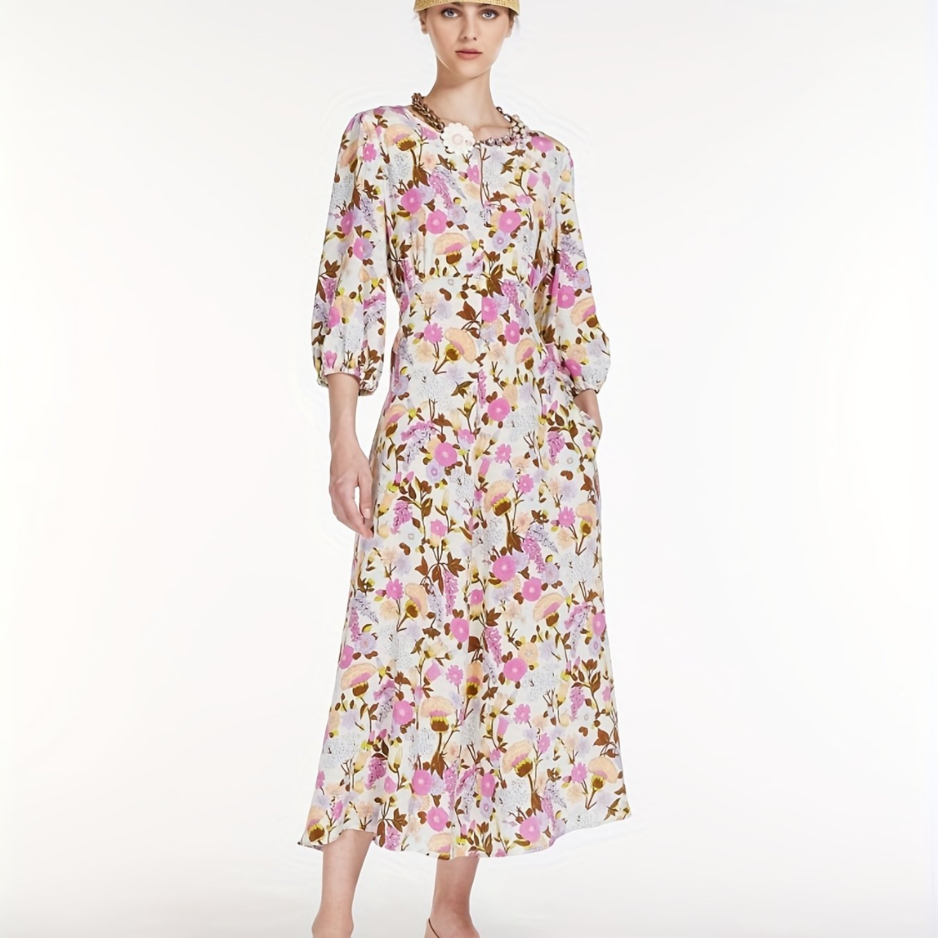 Floral Print Lantern Sleeve Maxi Dress