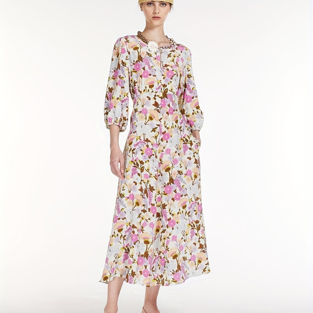 Floral Print Lantern Sleeve Maxi Dress