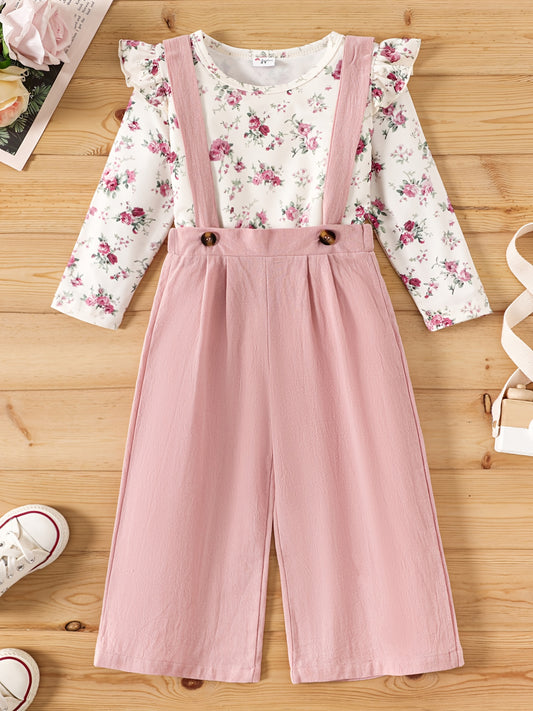 Toddler Girl's 2pcs Top & Jumpsuit Set Floral Print Ruffle Decor Outfits
