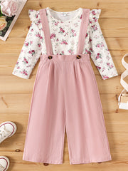 Toddler Girl's 2pcs Top & Jumpsuit Set Floral Print Ruffle Decor Outfits
