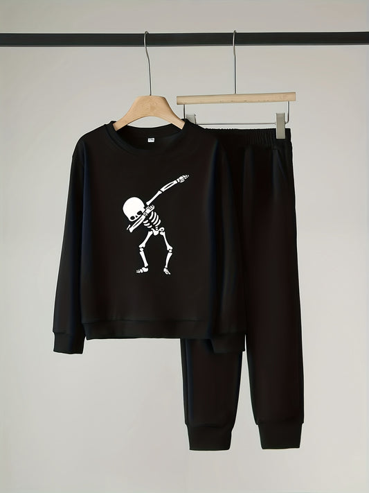 Skeleton Pattern Boy's 2pcs Sweatshirt & Sweatpants Set Halloween Style Outfits