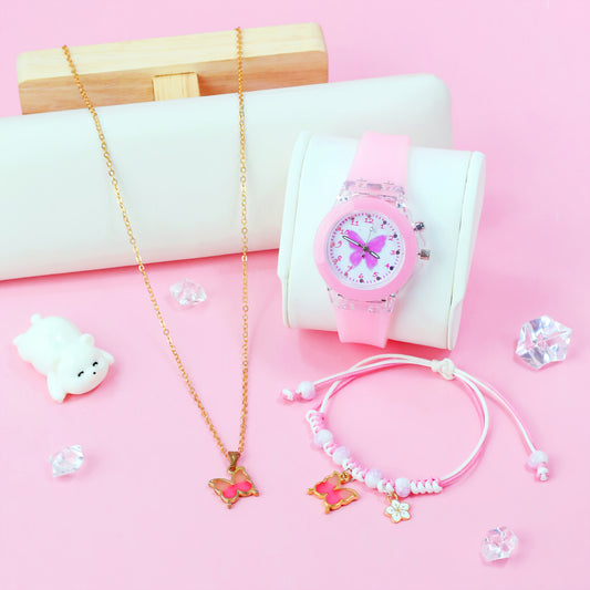 3pcs Girls' Quartz Watch Bracelet Set LED Glow in the Dark Silicone Strap