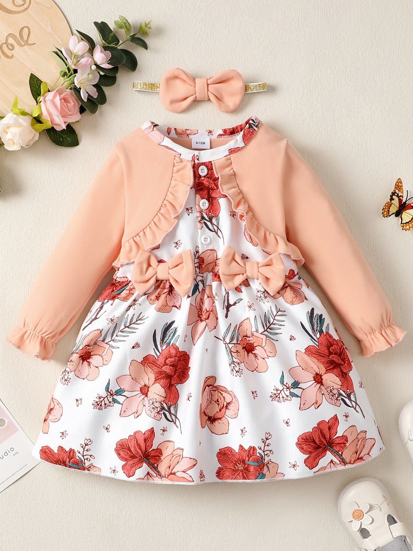 Girls Corduroy Floral Bow Dress Baby Clothes
