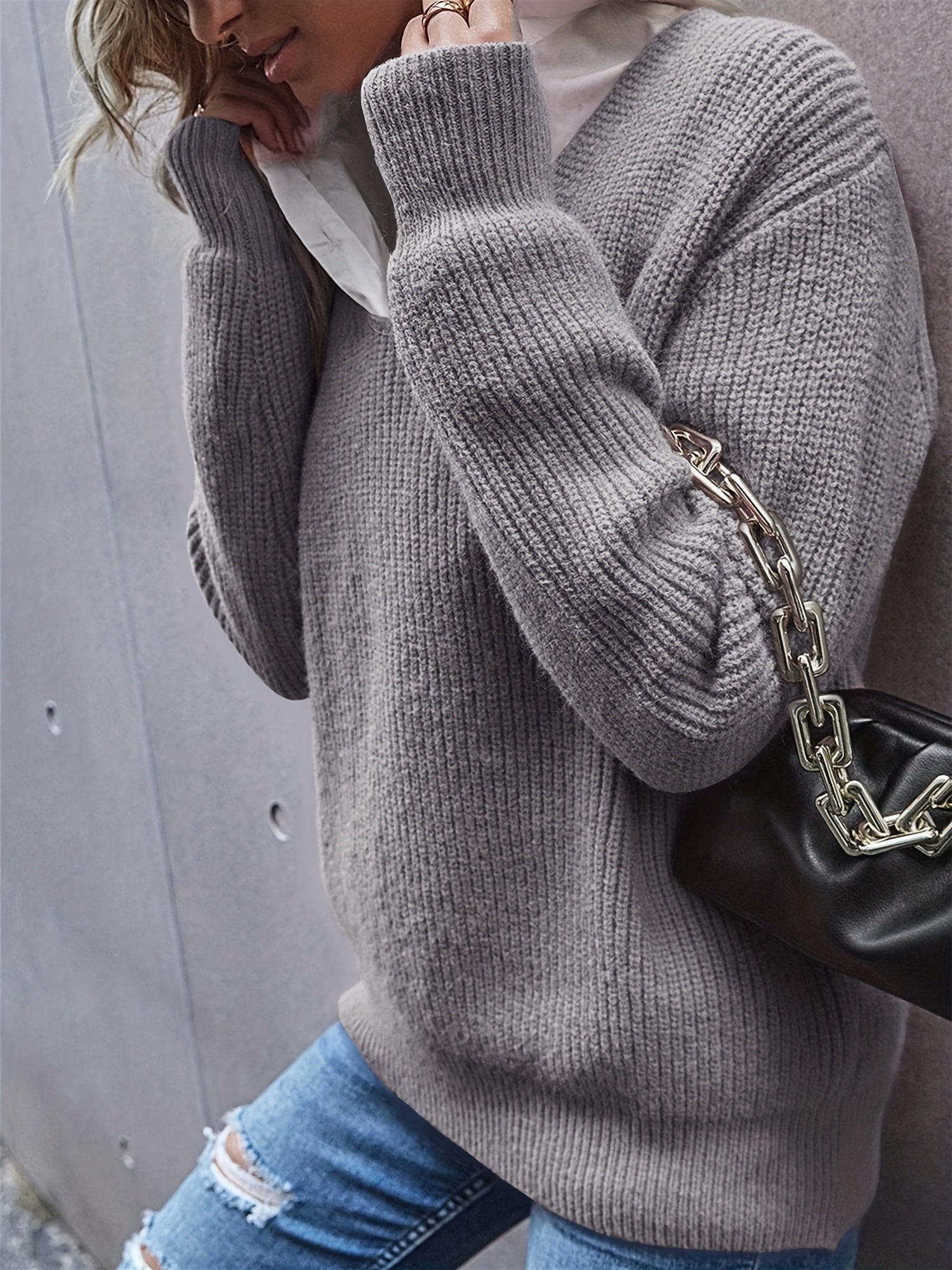 V Neck Long Sleeve Sweater Women's Clothing