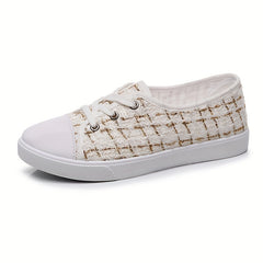 Women's Tweed Flat Sneakers Lace Up Casual Walking Shoes