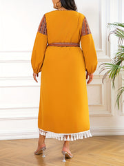  Colorblock Abaya Dress Geometric Print Tassel V Neck
