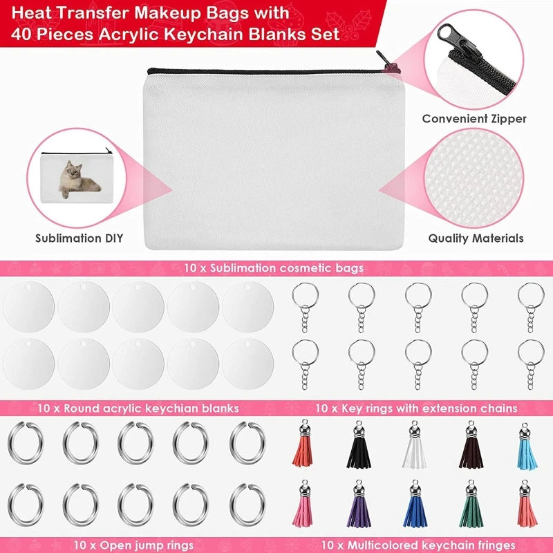 10Pcs DIY Canvas Pencil Case Set with Acrylic Keychain Blank