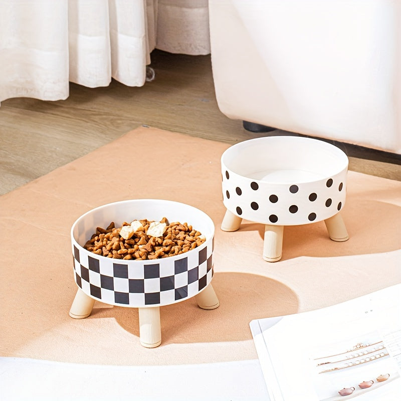 Elevated Graphic Pattern Cat Bowl With Wooden Stand