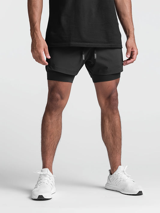 Men's Loose Solid Active Shorts With Pockets Drawstring 2 In 1 Shorts