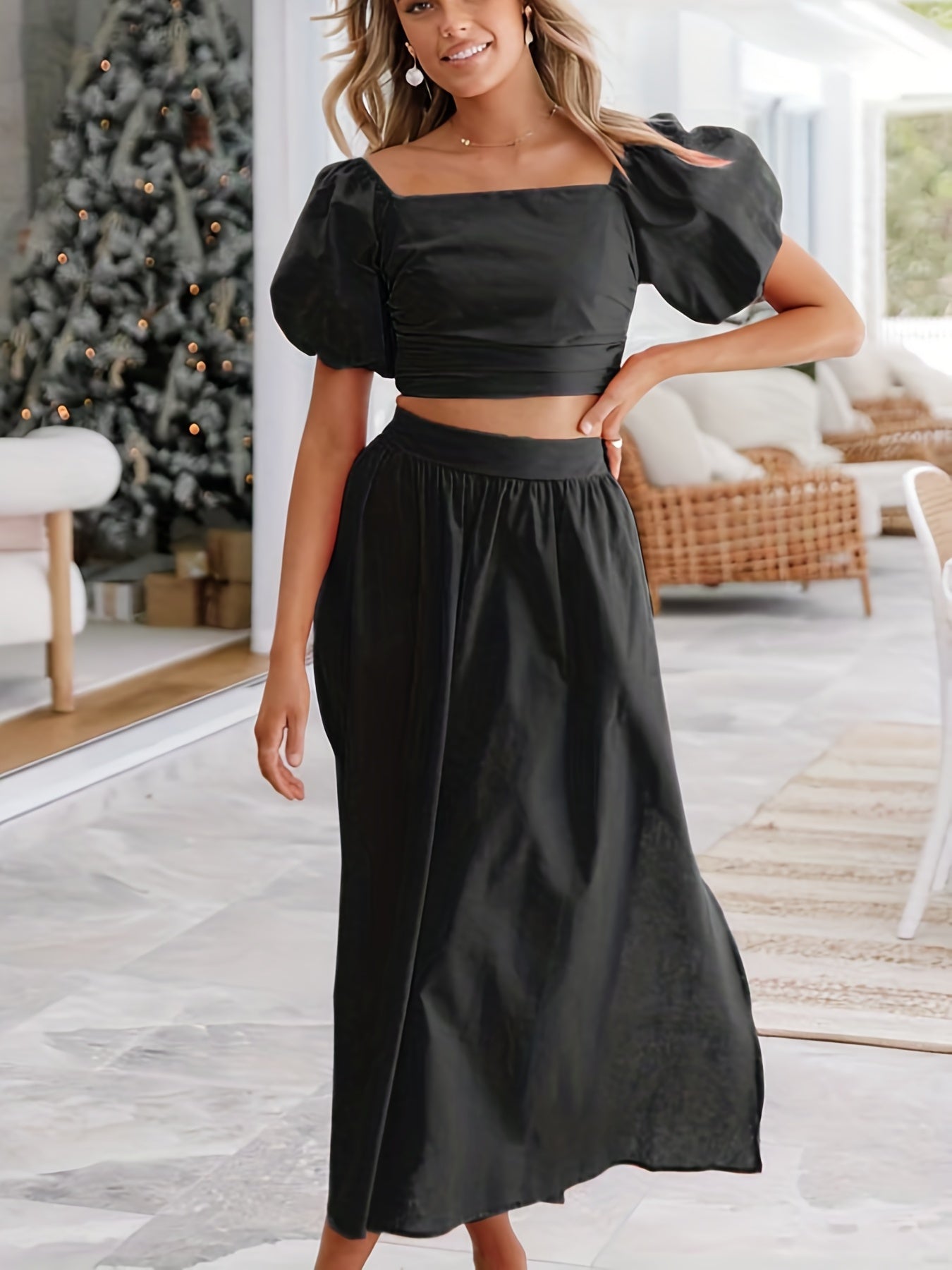Casual Two Piece Set Puff Sleeve Cropped Tops & Ruched Maxi Skirts