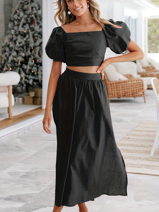Casual Two Piece Set Puff Sleeve Cropped Tops & Ruched Maxi Skirts