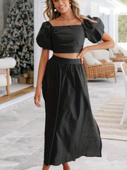 Casual Two Piece Set Puff Sleeve Cropped Tops & Ruched Maxi Skirts