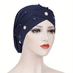 Beaded Flower Decor Head Wrap Solid Beanie Lightweight Hijab Hat