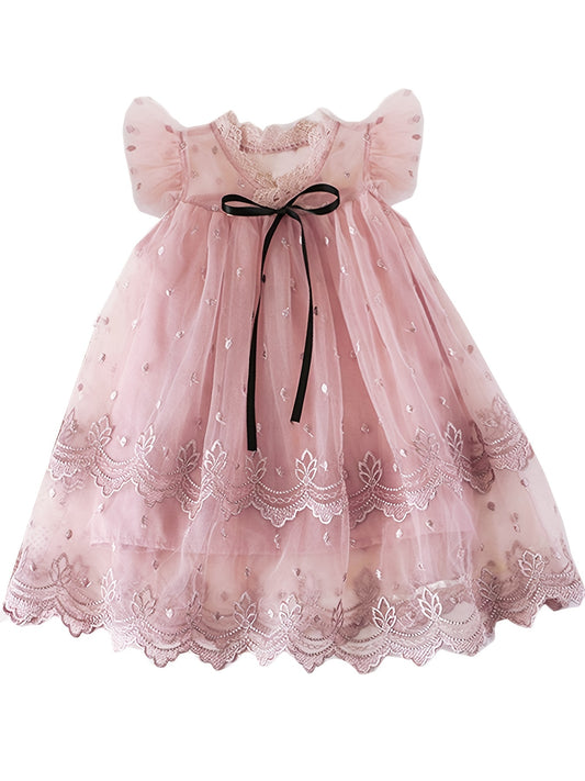 Girls Polka Dot & Flowers Embroidery Ruffled Sleeves Dress