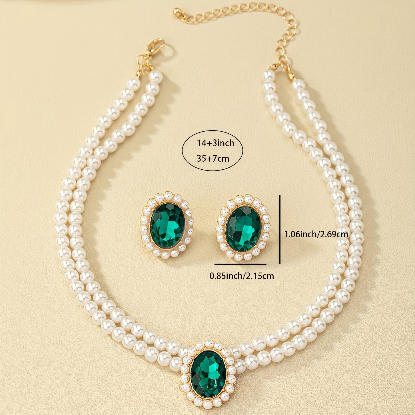 Vintage Emerald Stud Earrings & Faux Pearl Choker Necklace Set