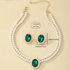 Vintage Emerald Stud Earrings & Faux Pearl Choker Necklace Set