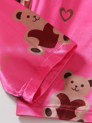 Kid's Satin Pajamas Cami Top & Button Front Top & Pants Set Bear Print PJ Set
