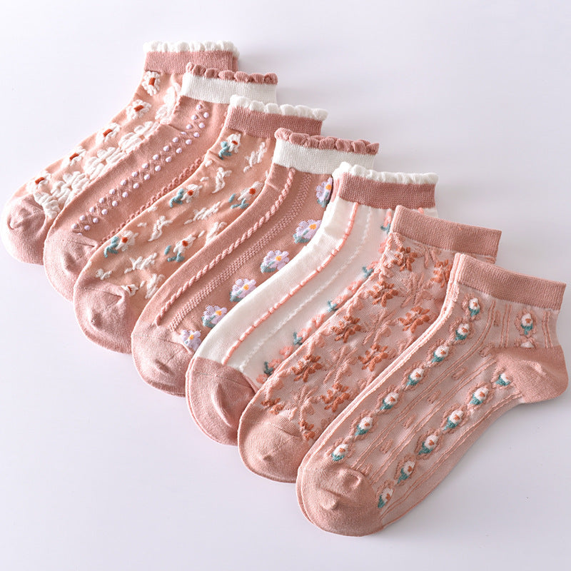 7 Pairs Flowers Bubble Crew Socks Lightweight & Comfy Ankle Socks