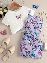 Girls Butterfly Knot Tee Top & Cami Dress Set for Party
