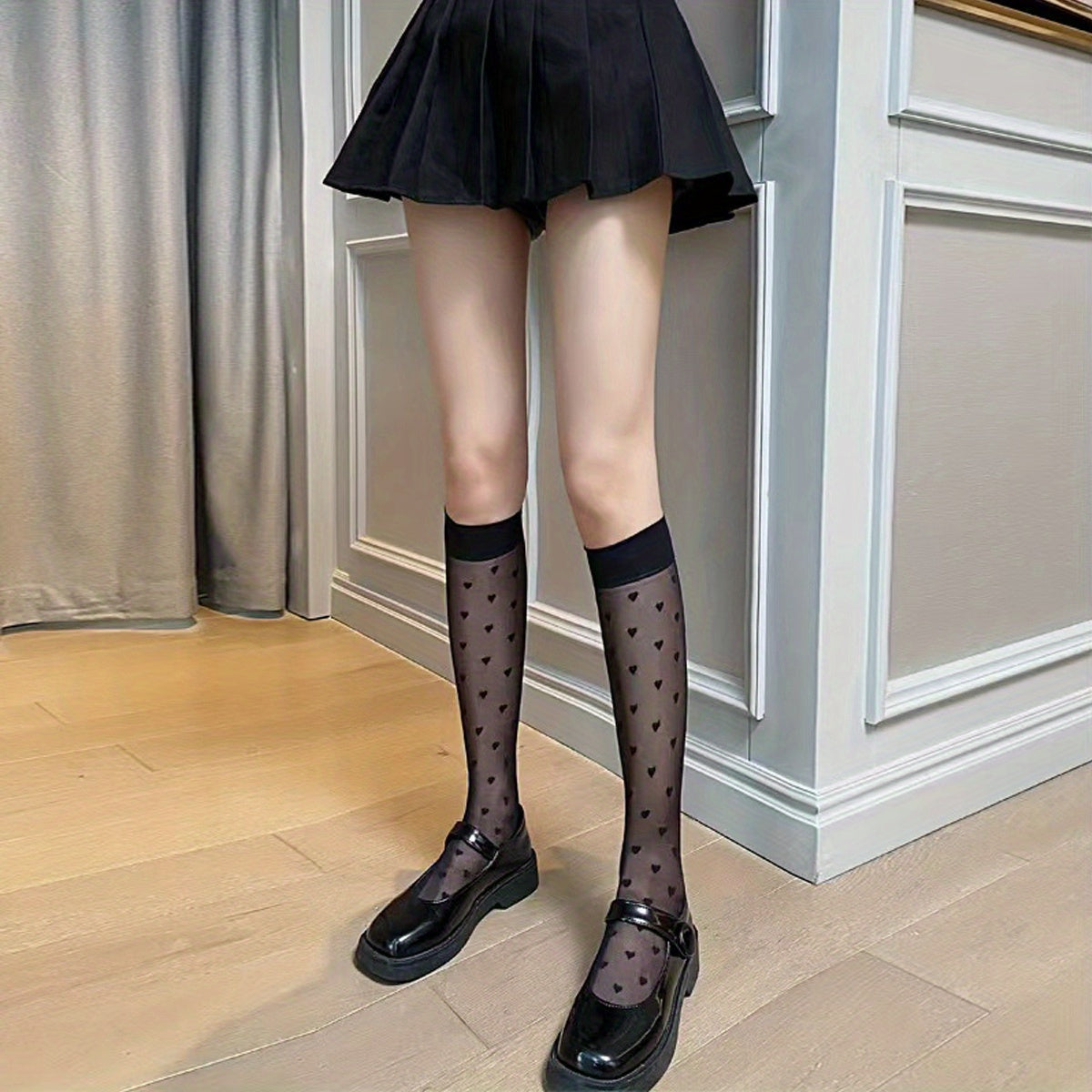 Heart Print Mesh Calf Socks Knee High Stockings